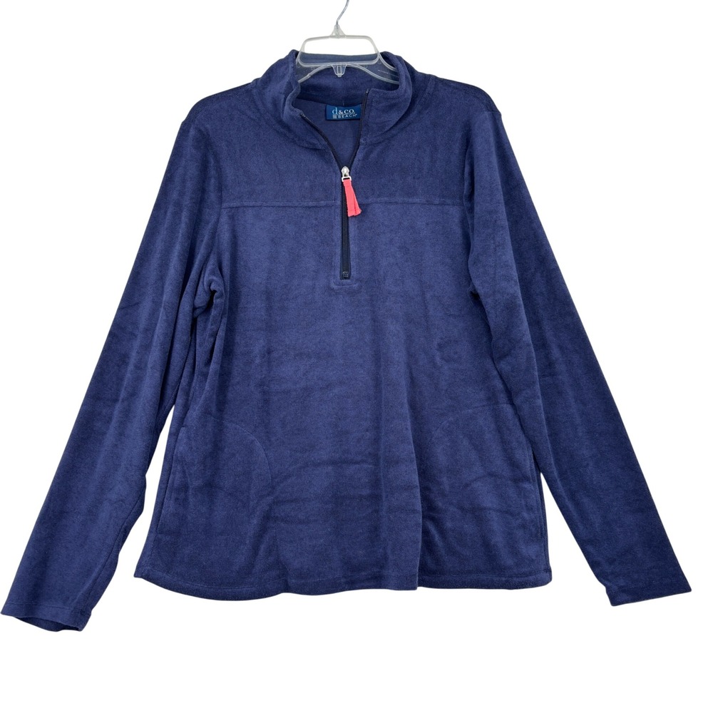 Denim & Co Beach Quarter Zip Pullover Size L Navy Terry Cloth Pockets